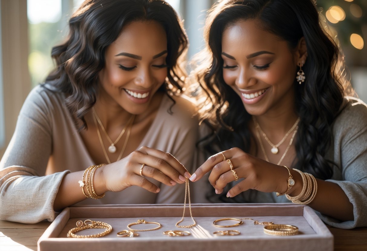 Two women sitting at a table, smiling and choosing jewelry pieces together.