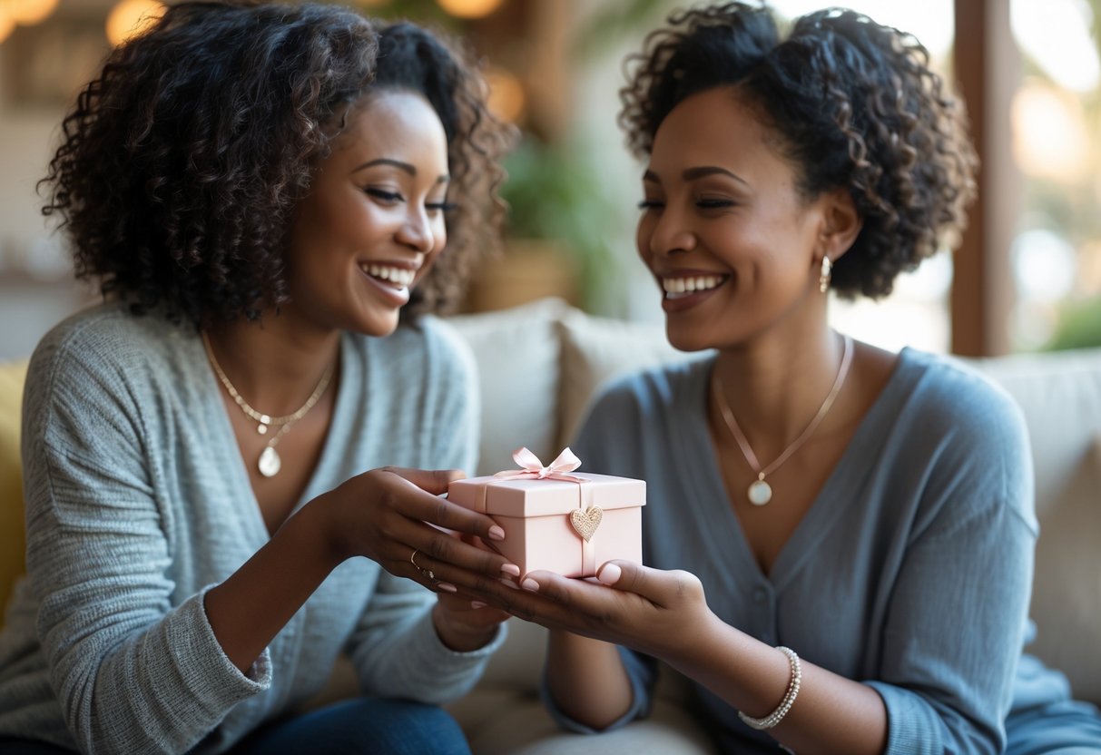 Two women smiling warmly as one gives the other a small jewelry box in a cozy indoor setting.