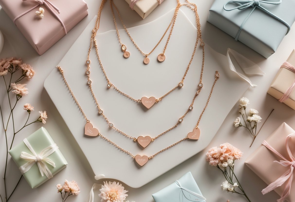 Flat lay of delicate jewelry pieces with gift boxes and dried flowers arranged on a soft surface.