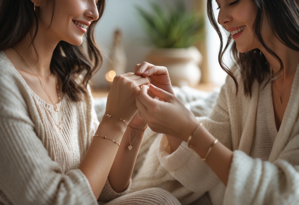 Two women sharing a heartfelt moment as one gives the other a meaningful piece of jewelry.