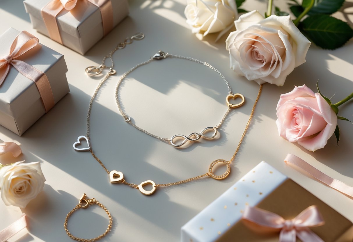 Close-up of various delicate bracelets, necklaces, and rings arranged with flowers and gift boxes on a soft surface.