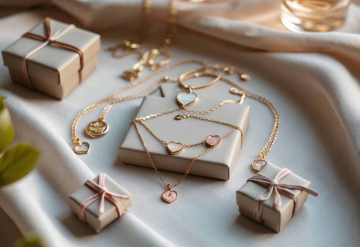 Close-up of delicate soul sister message jewelry pieces arranged on soft fabric with small gift boxes.