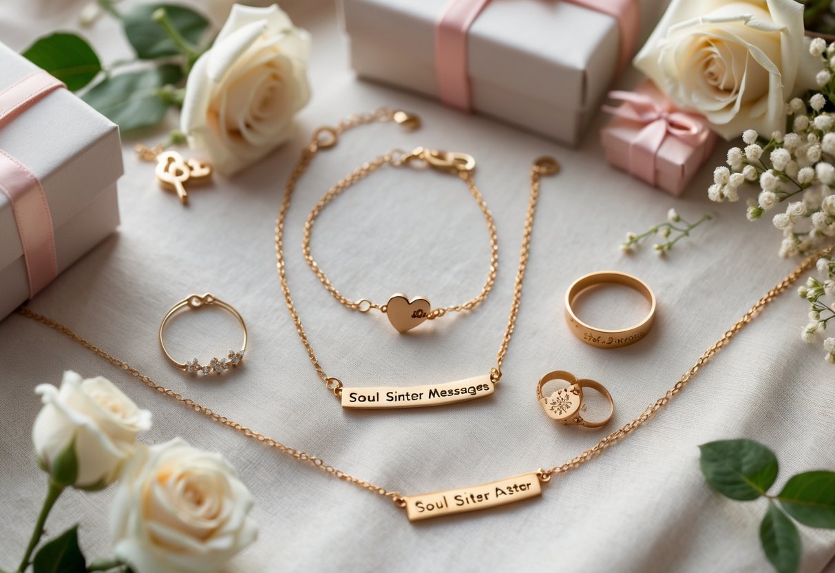 A collection of delicate soul sister jewelry pieces arranged with small gift boxes and flowers on a soft fabric background.