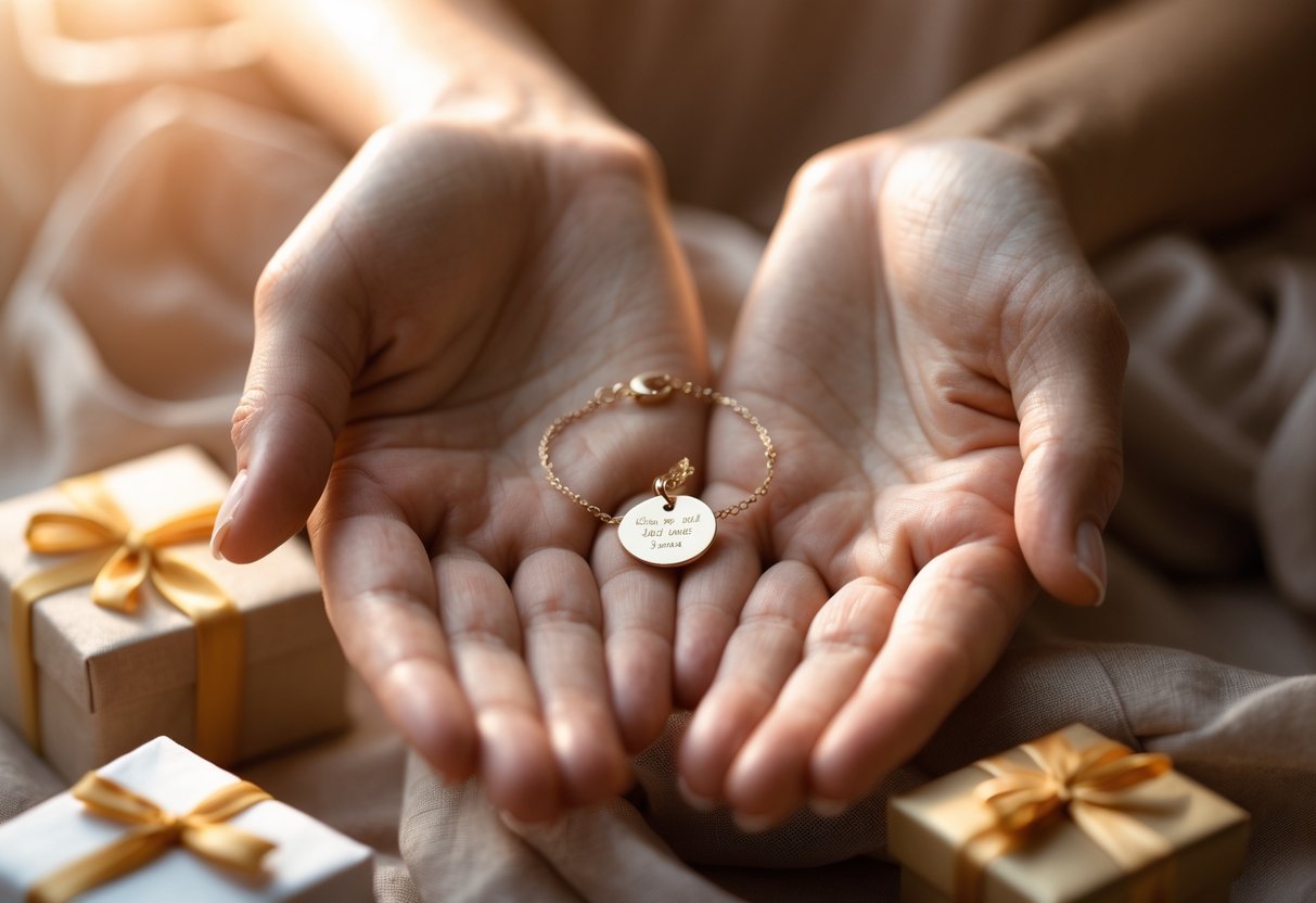 Close-up of hands holding a delicate message jewelry piece with small gift boxes in the background.