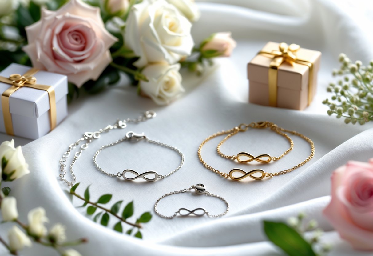 Close-up of delicate bracelets and necklaces with heart and infinity designs arranged on white fabric, surrounded by flowers and small gift boxes.