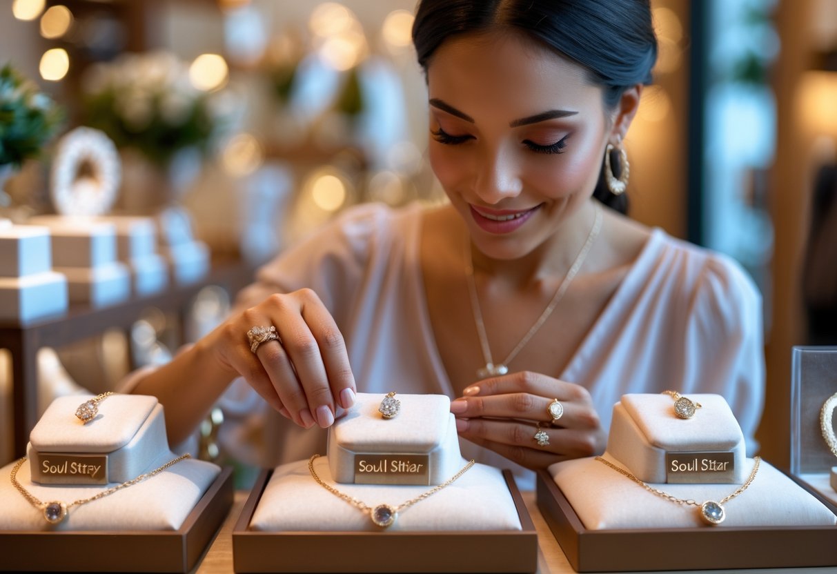 A woman selecting delicate jewelry pieces from a boutique display, focusing on small meaningful gifts.
