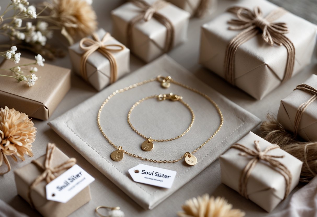 A collection of small gift boxes and delicate jewelry pieces arranged on a soft surface with decorative wrapping and natural accents.