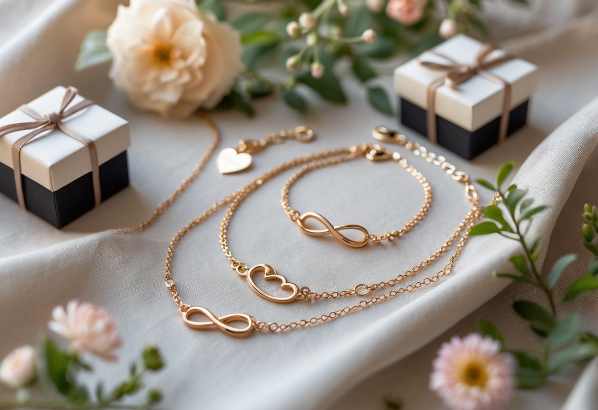 Close-up of elegant jewelry pieces with heart and infinity designs arranged with small gift boxes and flowers on a soft fabric background.