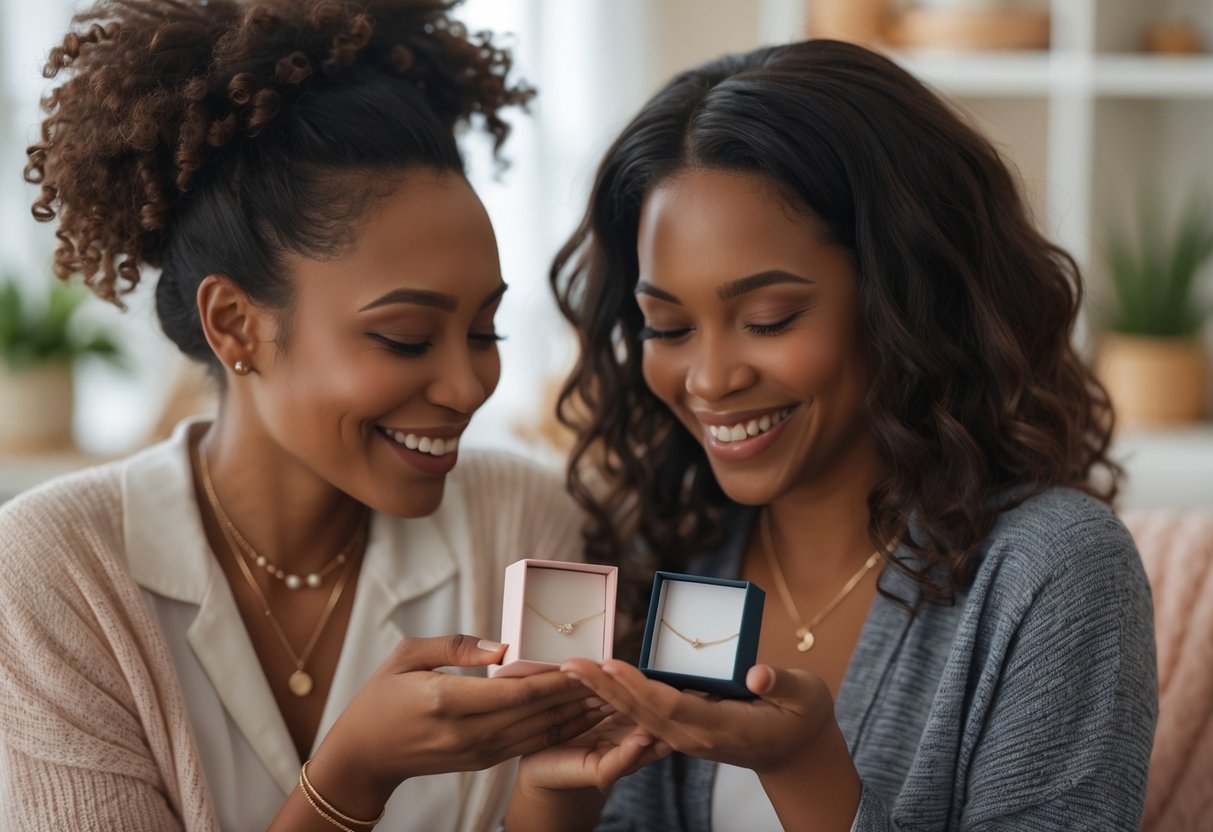 Two women smiling and exchanging small jewelry gifts in a cozy indoor setting.