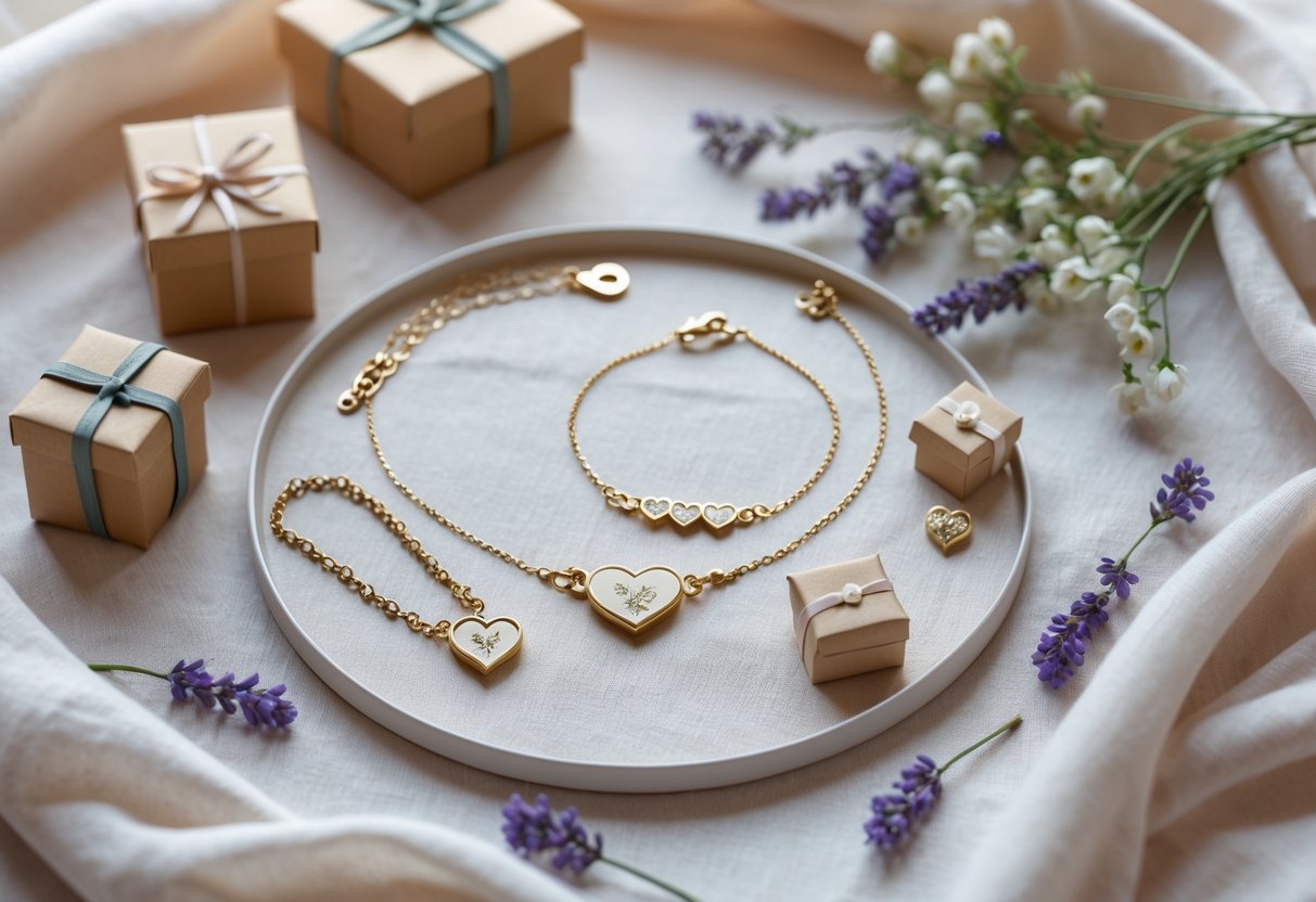 A flat lay of delicate jewelry pieces with heart motifs arranged on soft fabric, surrounded by small gift boxes and flowers.