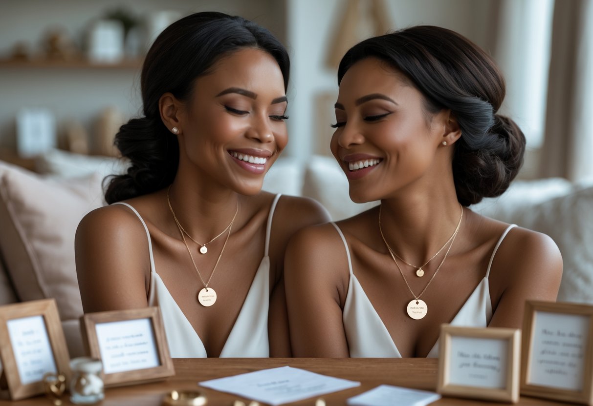 Two women sitting together smiling and wearing matching message necklaces, with meaningful keepsakes on a table in front of them.