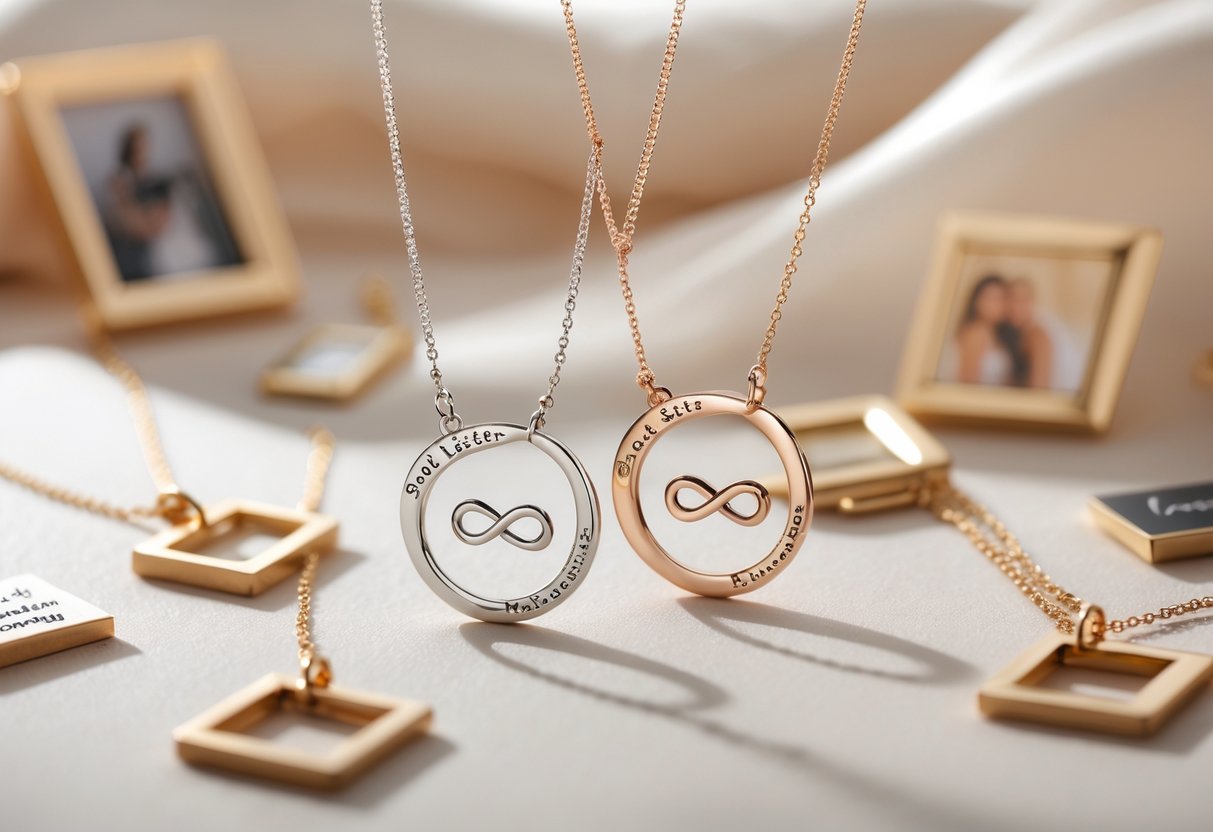 Two matching soul sister message necklaces displayed alongside small keepsakes like photo frames and handwritten notes on a soft background.