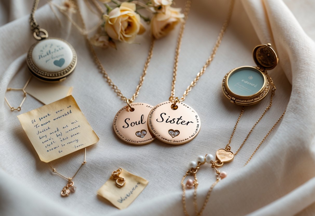 Two matching soul sister necklaces displayed with sentimental keepsakes like a vintage locket, handwritten note, dried flowers, and a charm bracelet on a soft fabric background.