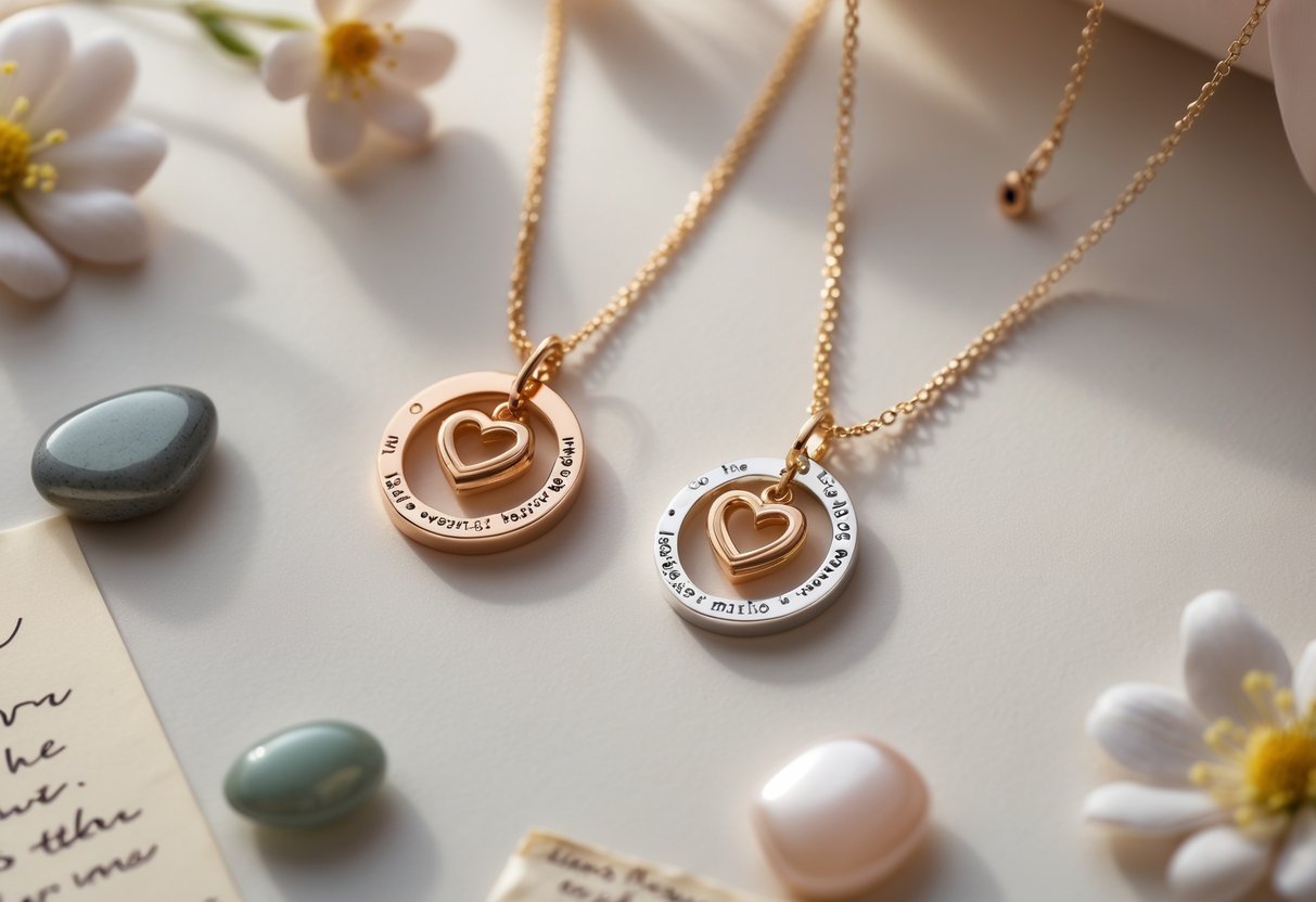 Two soul sister necklaces with meaningful pendants displayed together on a soft background with small keepsakes around them.