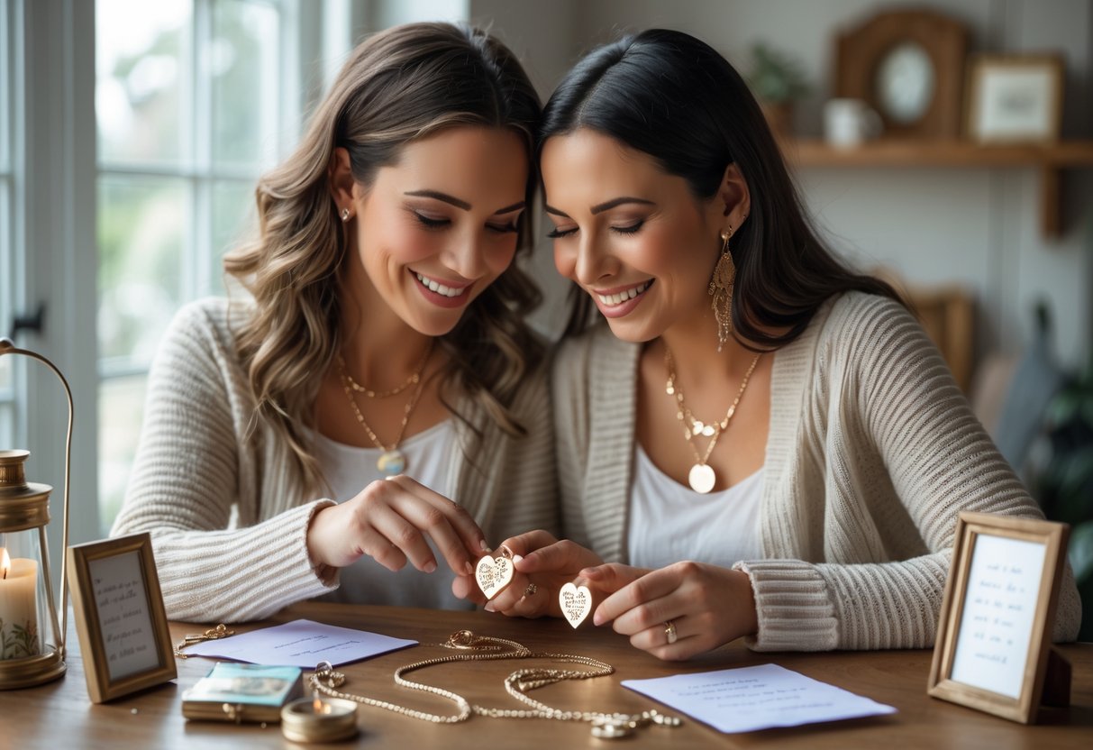 Two women sitting together at a table exchanging necklaces and meaningful keepsakes with warm smiles.