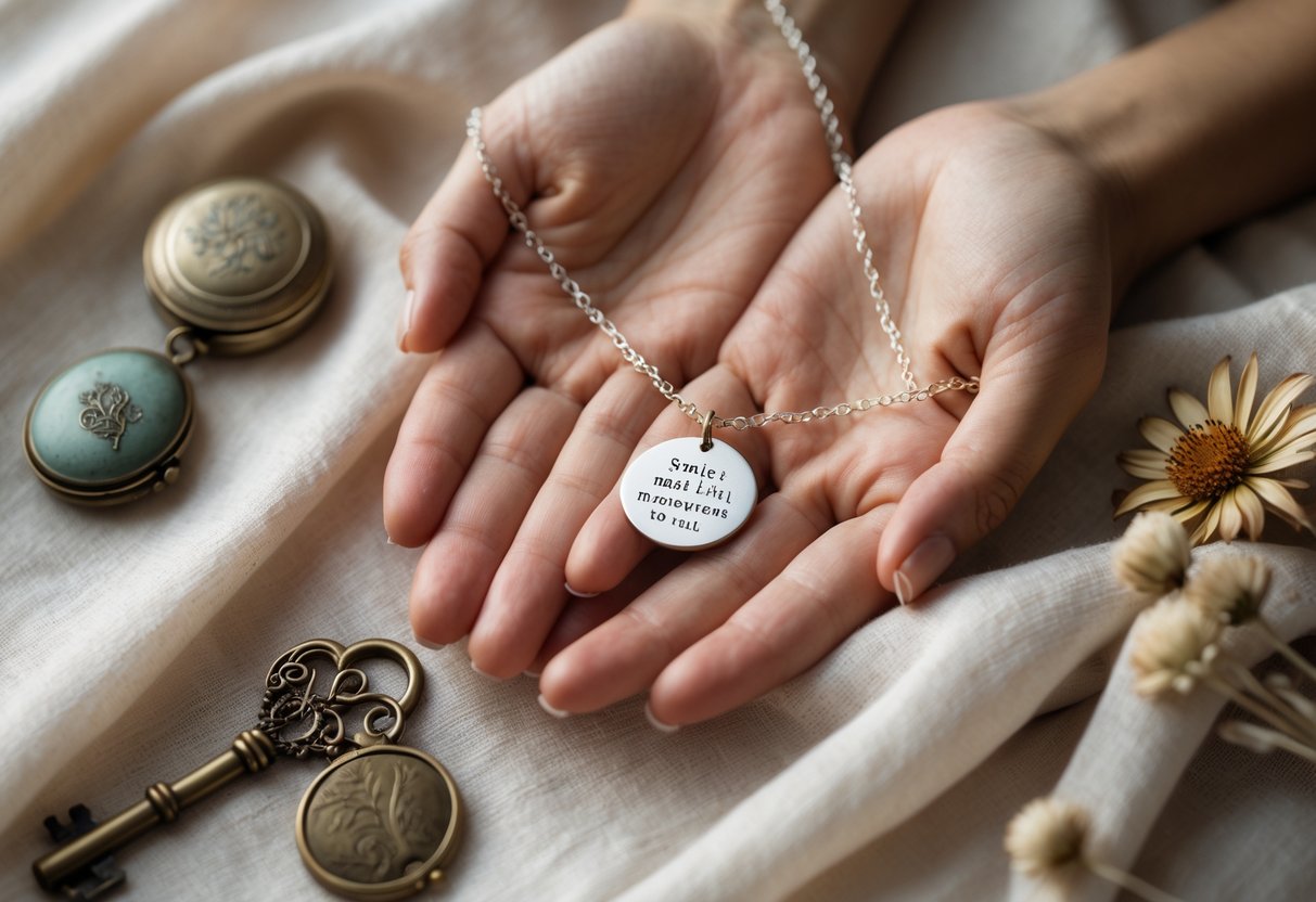 Close-up of hands holding a delicate necklace next to sentimental keepsakes like a locket, key, and dried flower on a soft fabric background.