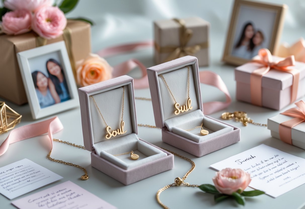 Two matching necklaces displayed with handwritten notes, photo frames, flowers, and gift boxes arranged on a table.