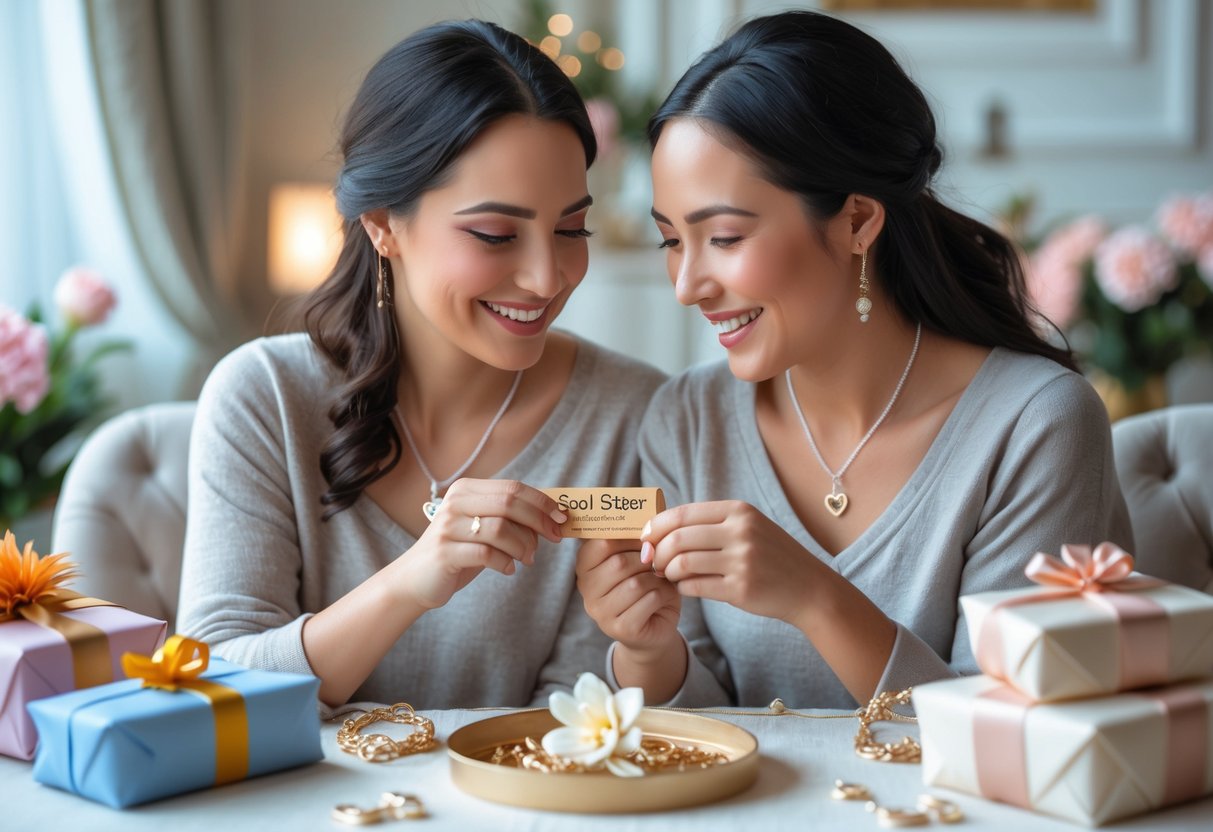 Two women sitting together, smiling and exchanging matching necklaces and small gifts in a warm, cozy setting.