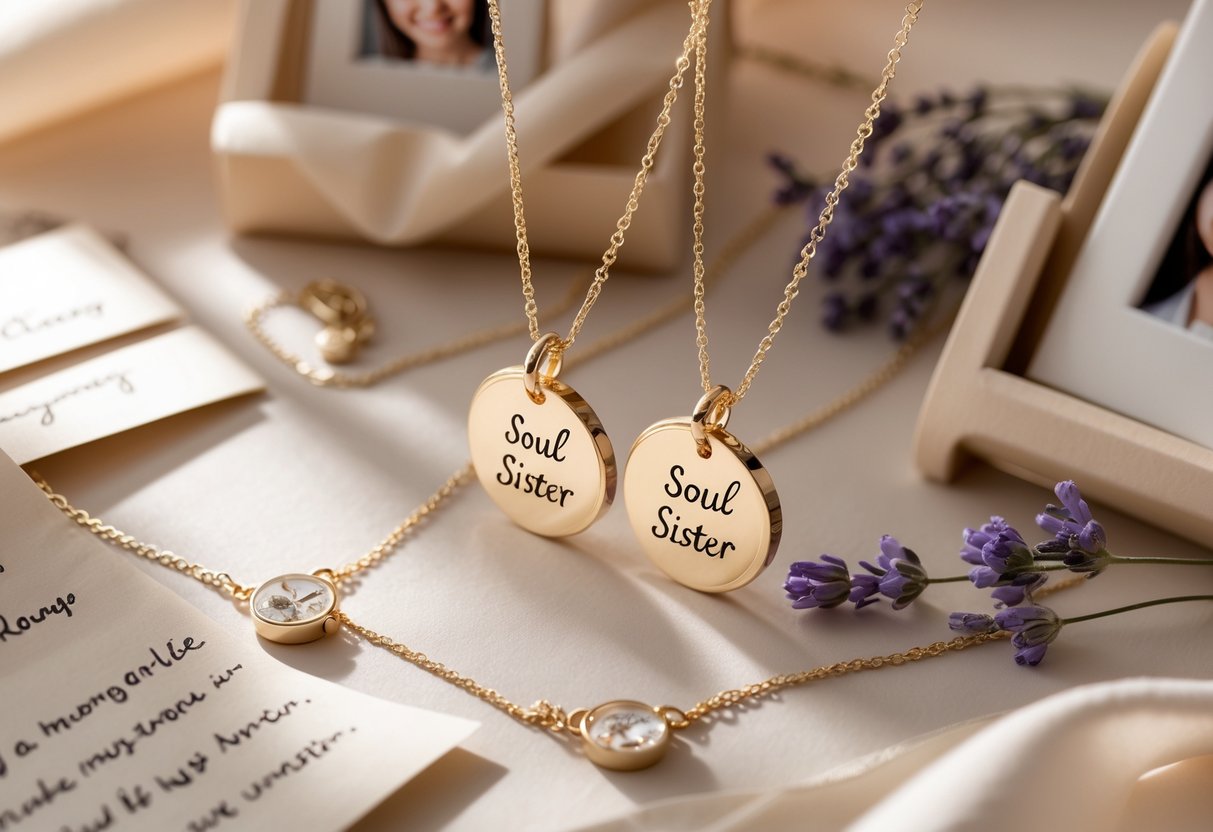 Two pairs of delicate message necklaces displayed with handwritten notes, photo frames, and small flowers on a soft surface.