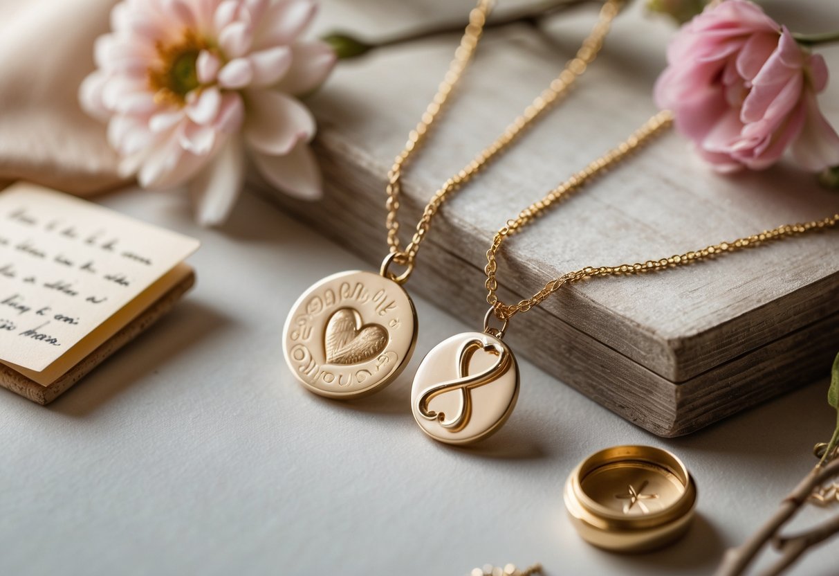 Two soul sister necklaces with engraved pendants displayed alongside sentimental keepsakes on a wooden surface.