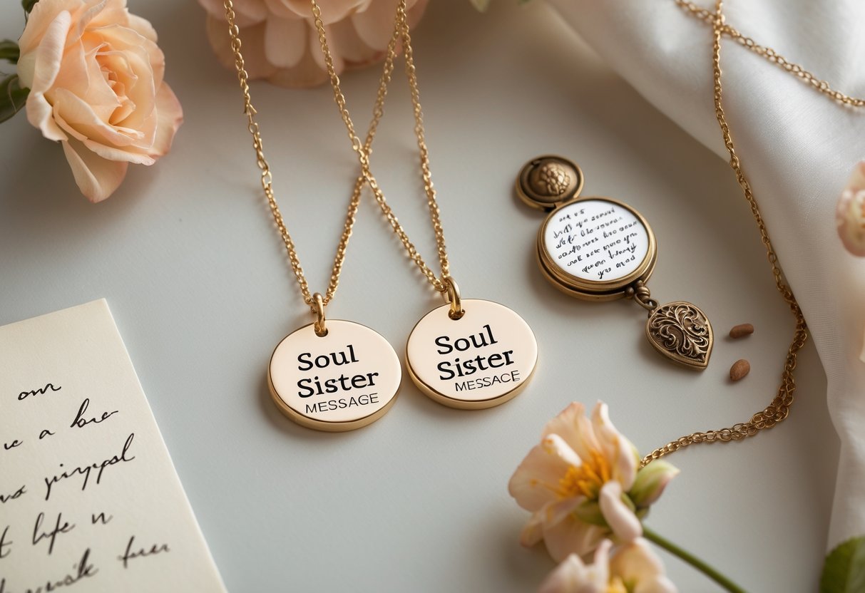 Two delicate soul sister necklaces displayed with keepsakes including a vintage locket, handwritten note, and small flowers on a soft background.