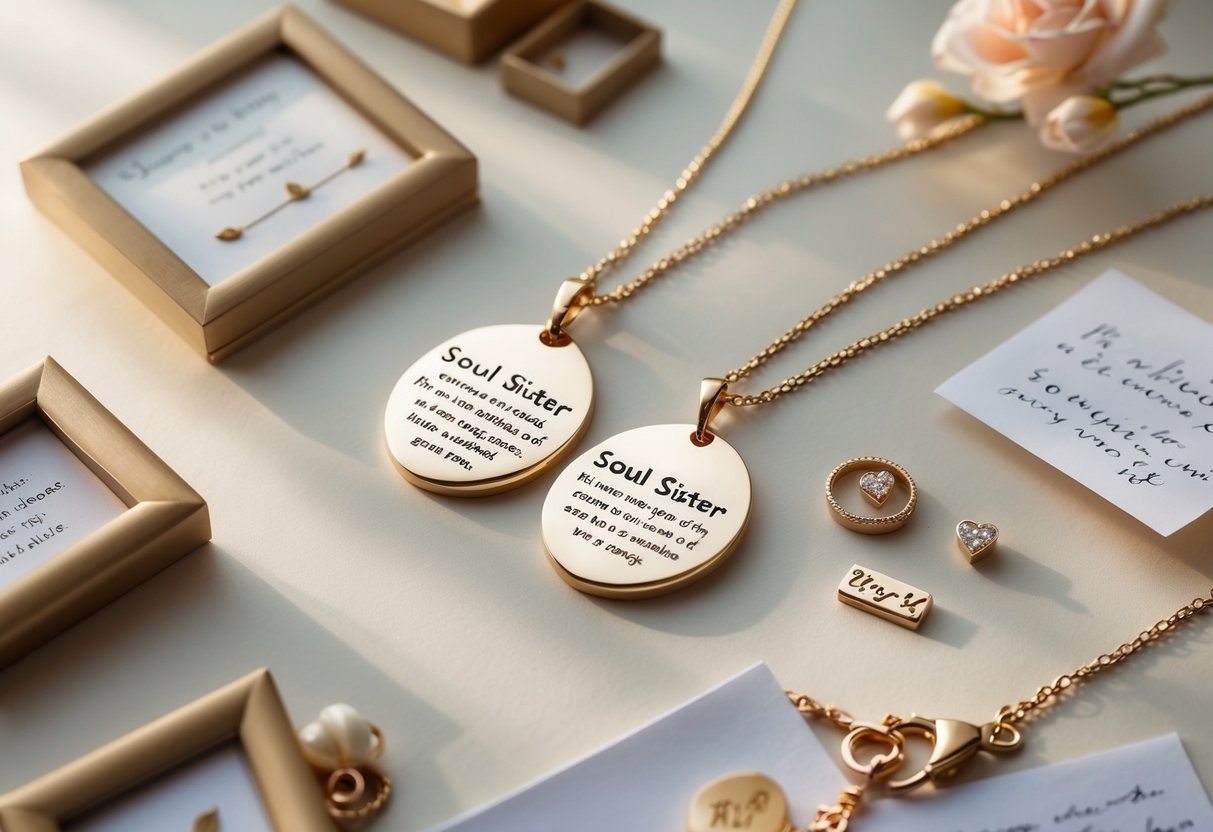 Two delicate message necklaces displayed alongside sentimental keepsakes like photo frames and handwritten notes on a soft background.