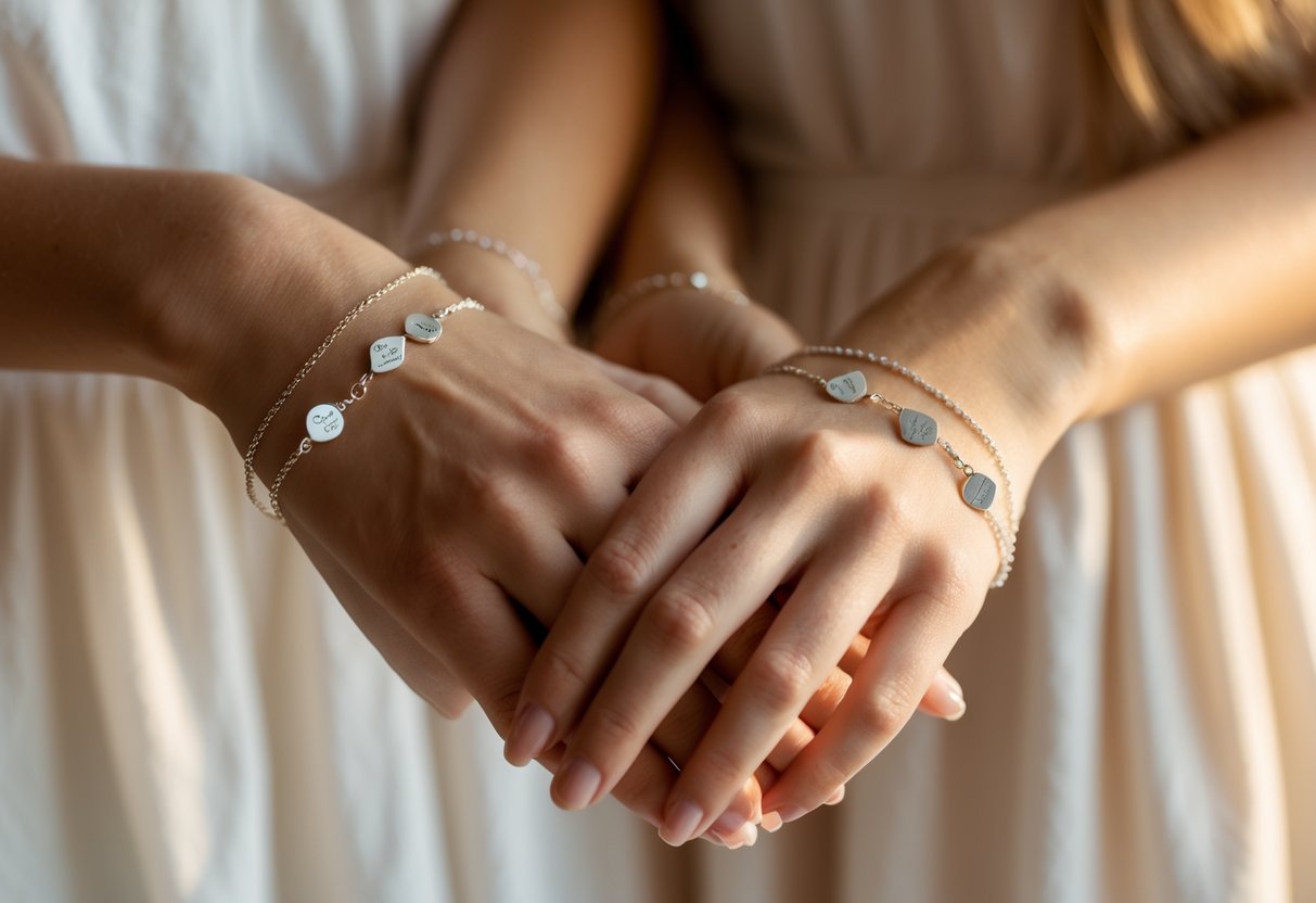 Two women’s hands gently holding each other, wearing matching silver bracelets with engraved symbols.