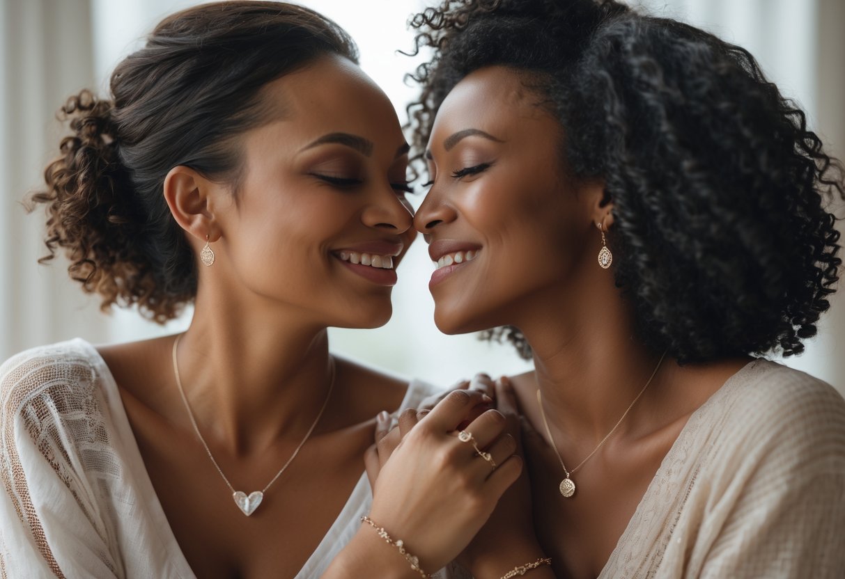 Two women sharing a close, warm moment while wearing meaningful jewelry that symbolizes their deep friendship.