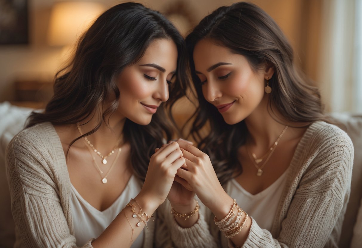 Two women sitting closely together, holding hands and exchanging matching jewelry, sharing a warm and affectionate moment.