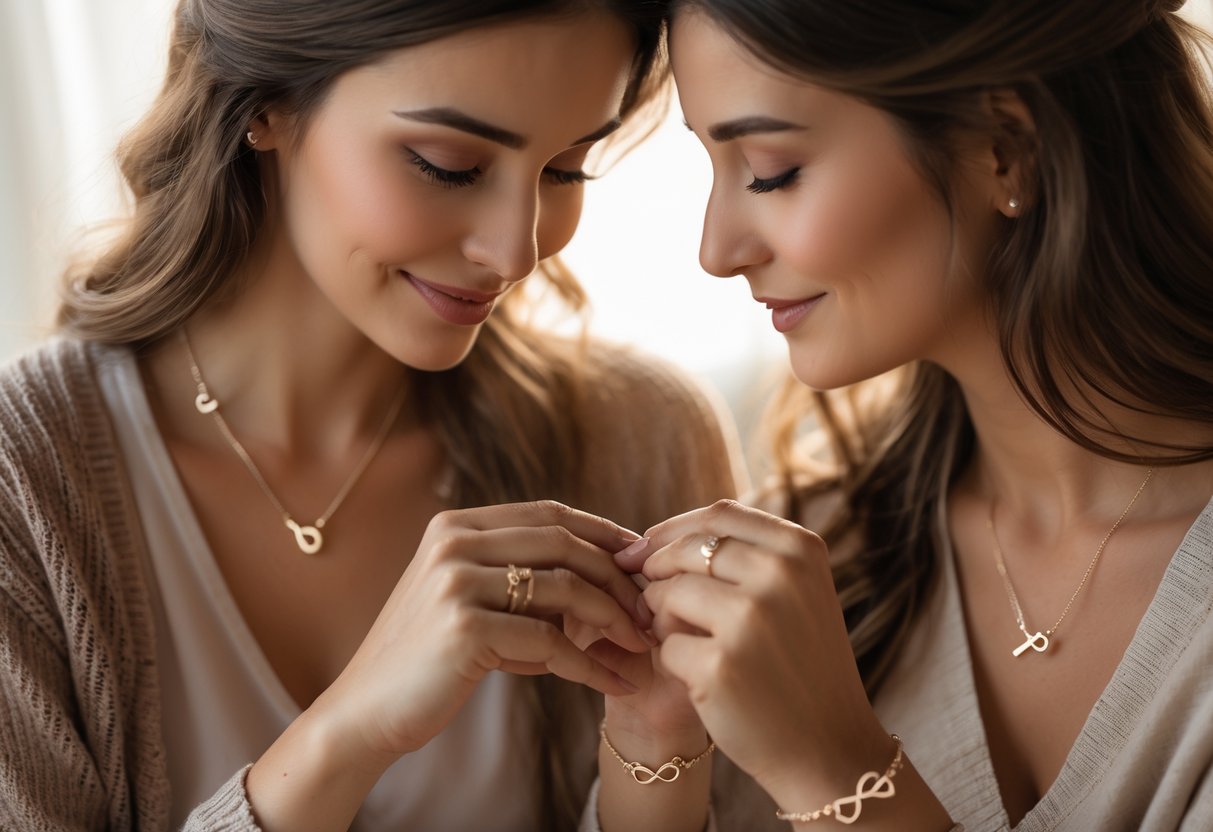 Two women sitting closely together, sharing a tender moment while wearing matching delicate jewelry.