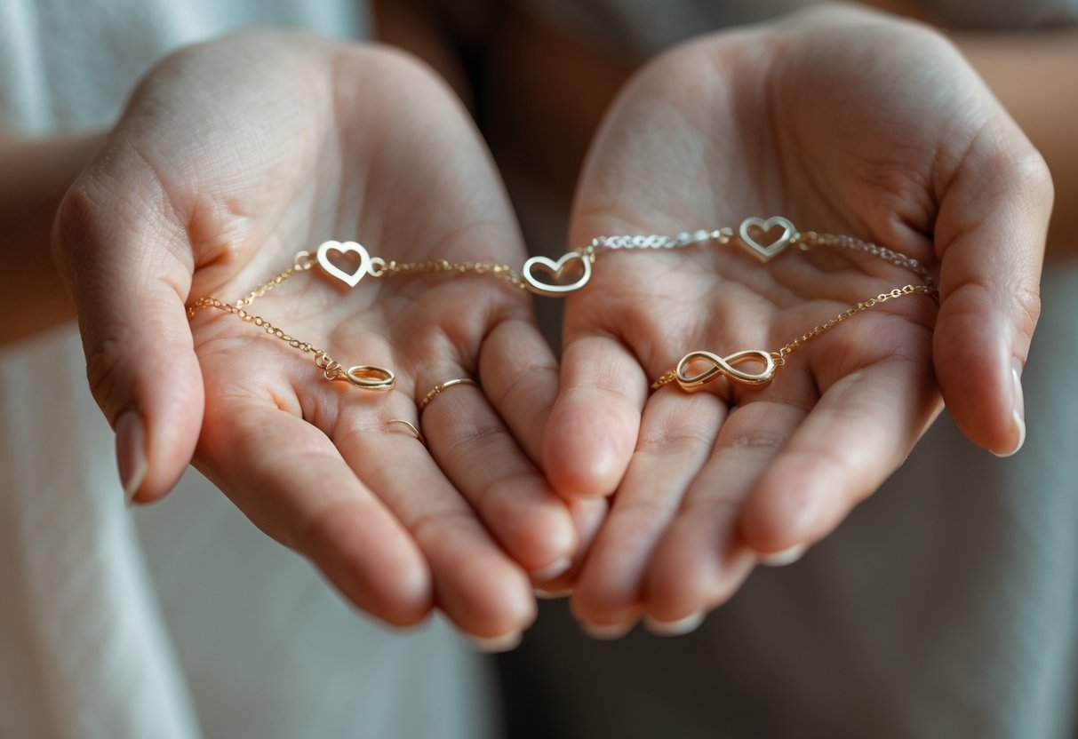 Two women holding matching soul sister jewelry pieces, showing their hands and jewelry in a warm, close-up scene symbolizing friendship and connection.
