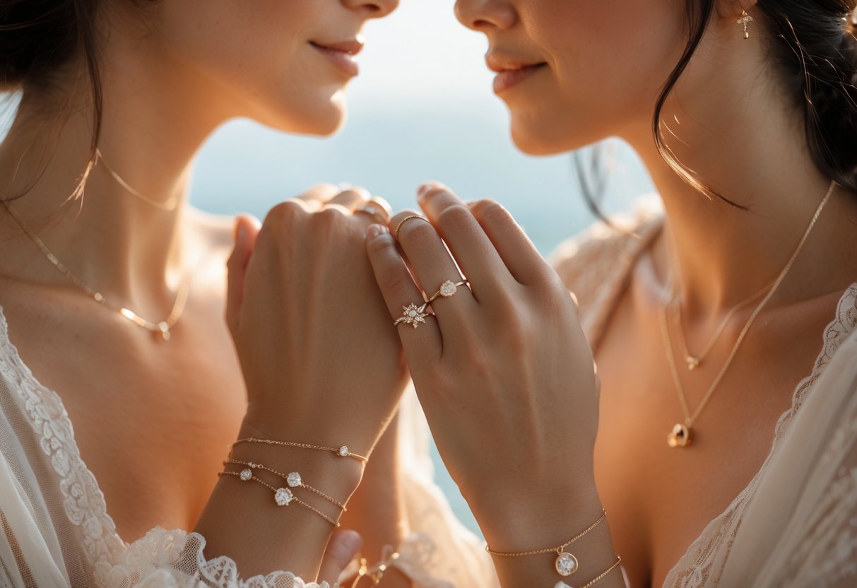 Two women showing their wrists with matching bracelets and rings, gently holding hands to express a close bond.
