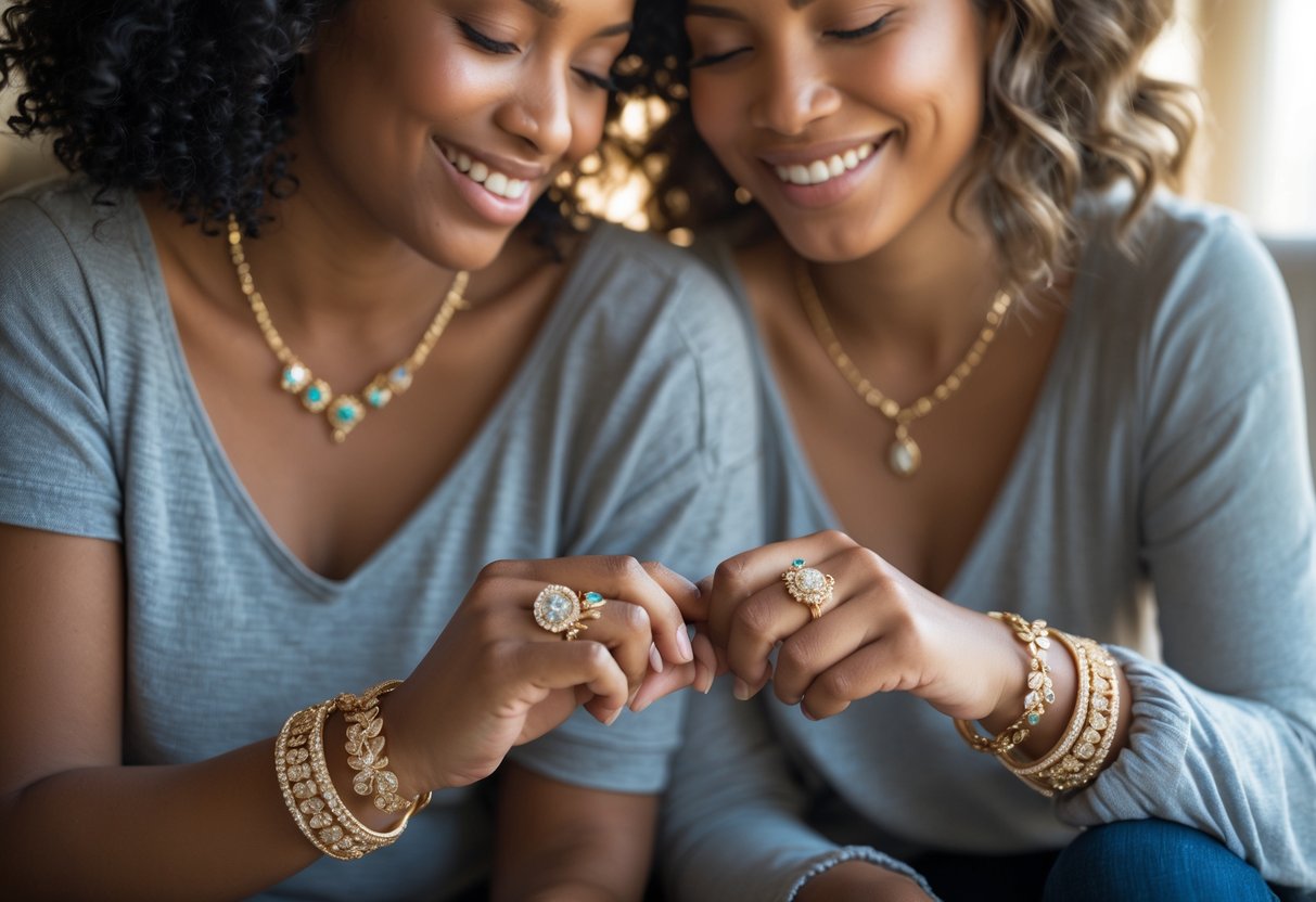 Two women sitting closely, smiling and sharing meaningful jewelry that symbolizes their close friendship.