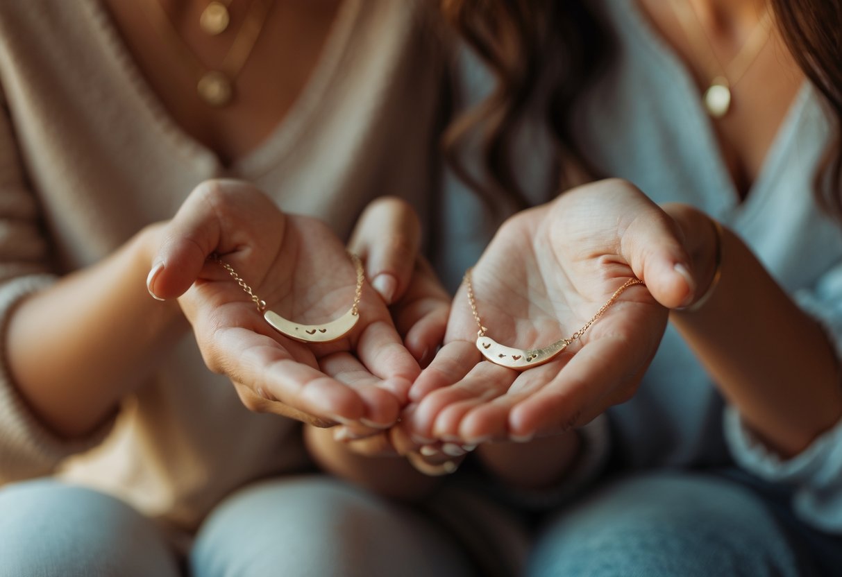 Two women exchanging delicate soul sister jewelry gifts, focusing on their hands holding bracelets and necklaces.