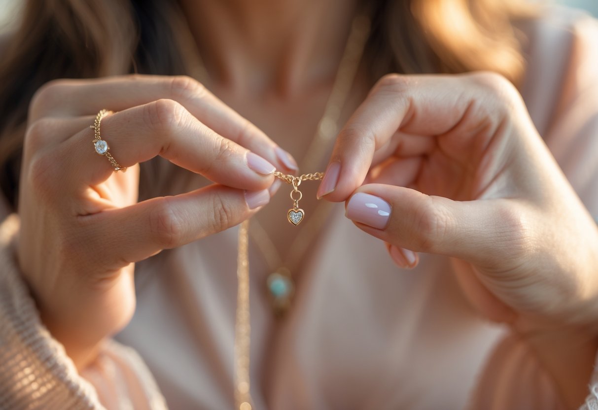 Two women exchanging delicate matching jewelry pieces, showing a close emotional connection.