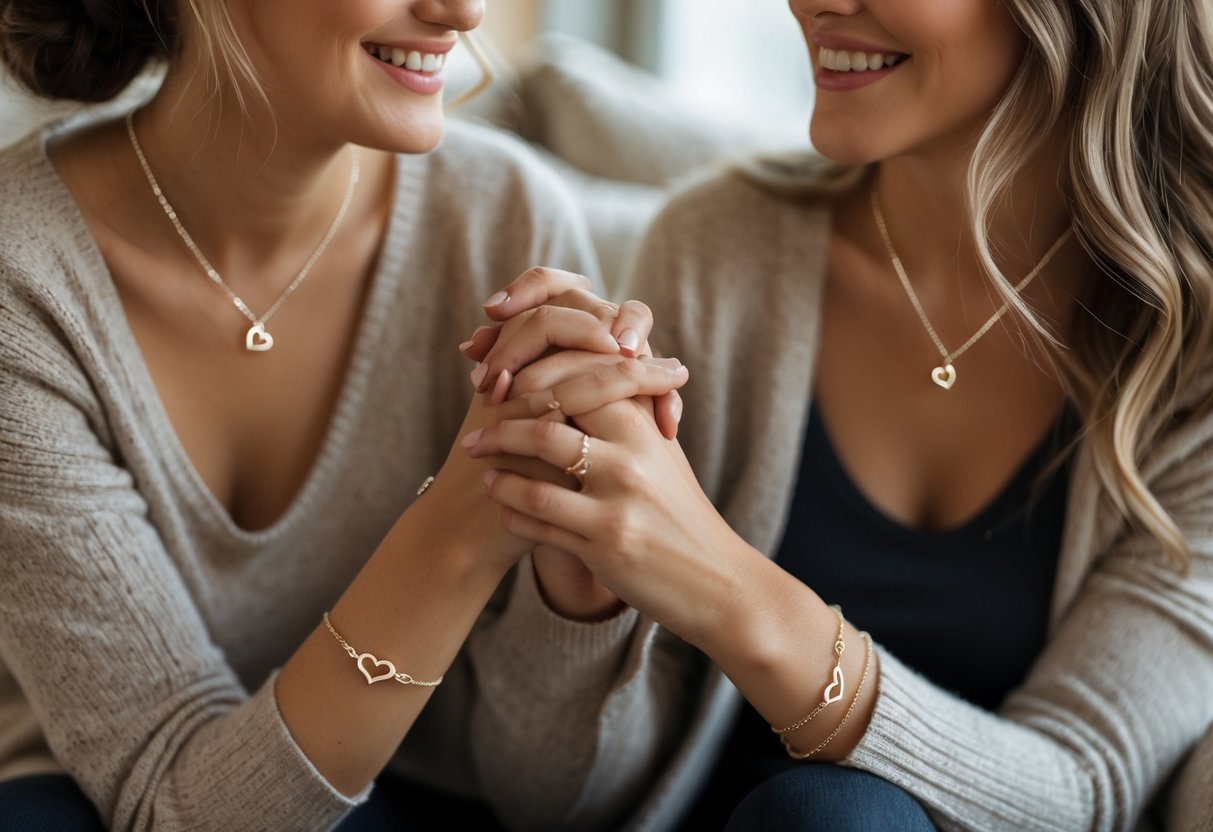 Two women sitting together, smiling and holding hands while wearing matching soul sister jewelry.
