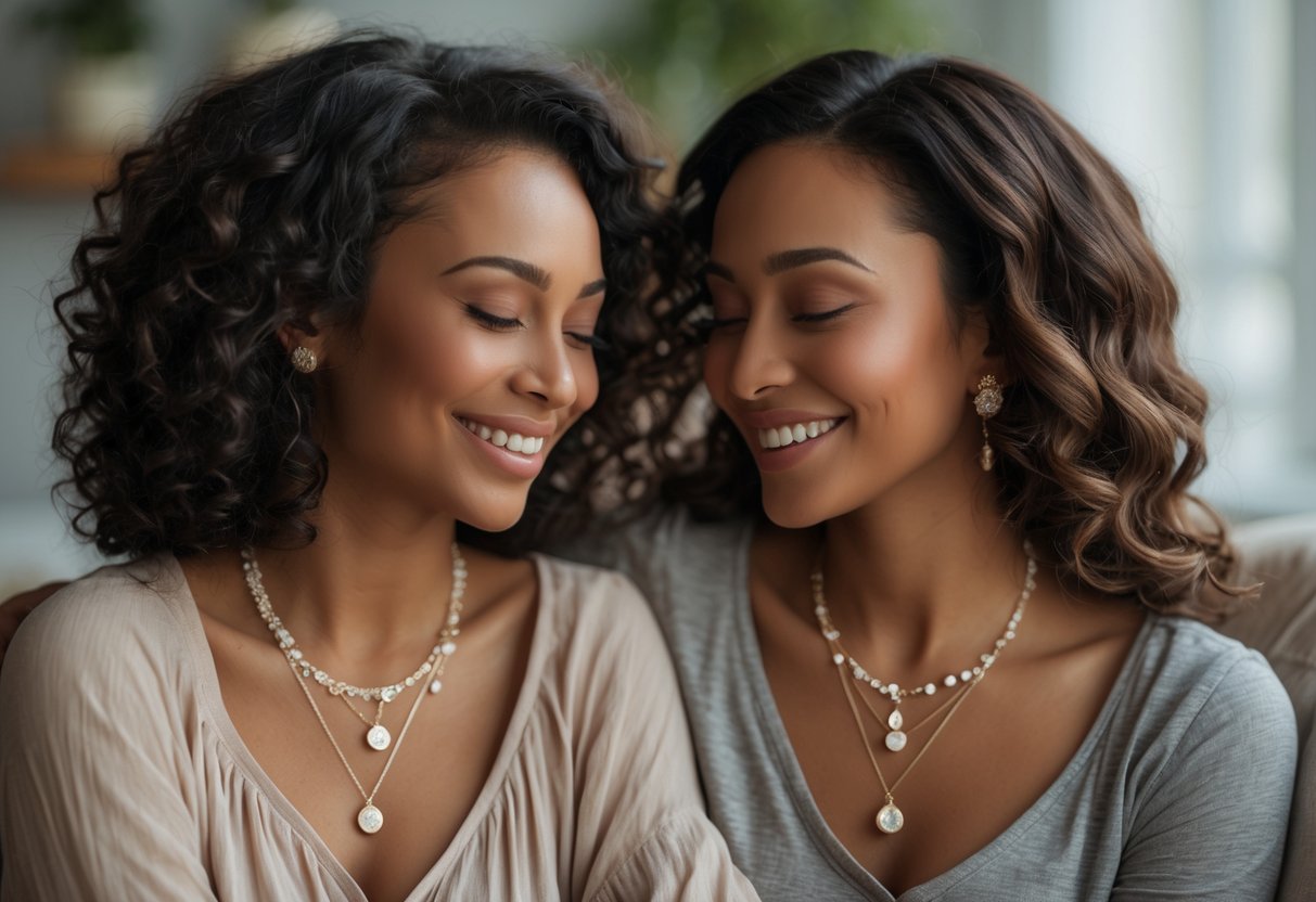 Two women sitting closely together, smiling and wearing matching jewelry, sharing a warm and intimate moment.
