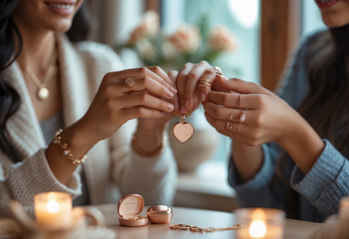 Two women exchanging sentimental jewelry gifts, showing close-up of their hands holding delicate lockets and bracelets in a cozy indoor setting.