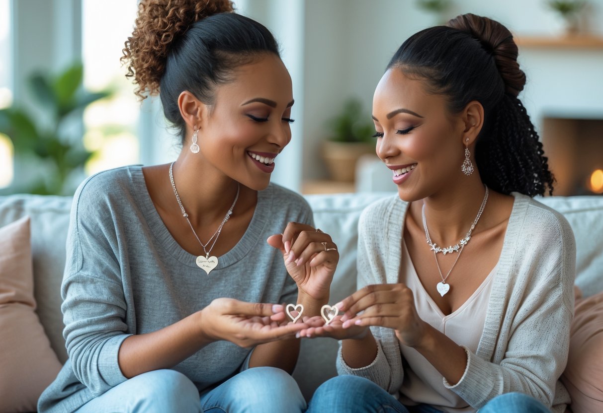 Two women exchanging personalized jewelry and smiling warmly at each other in a cozy living room.