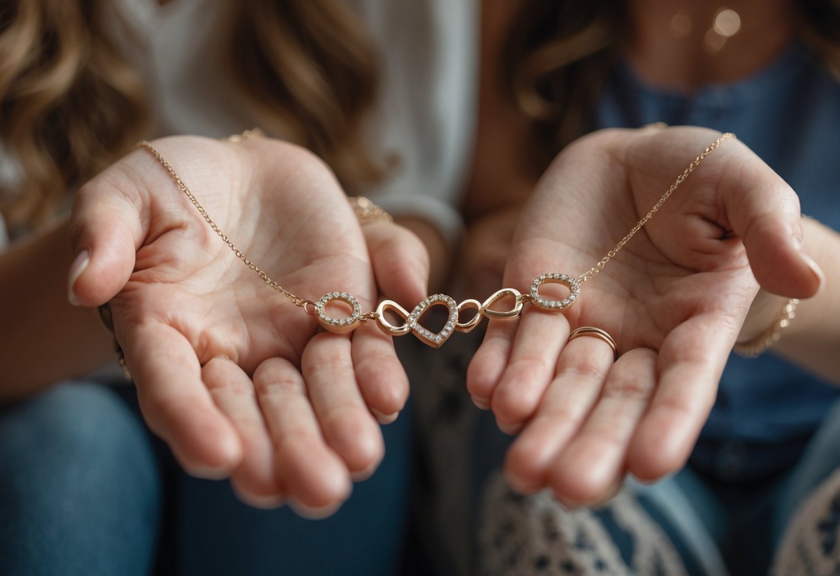 Two women exchanging matching symbolic jewelry pieces with warm expressions in a cozy setting.