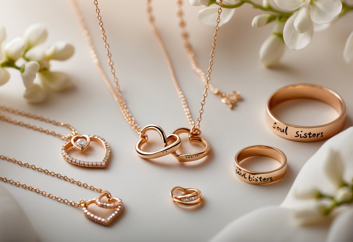 Close-up of sentimental jewelry pieces including matching necklaces, bracelets, and rings arranged together symbolizing friendship and connection.