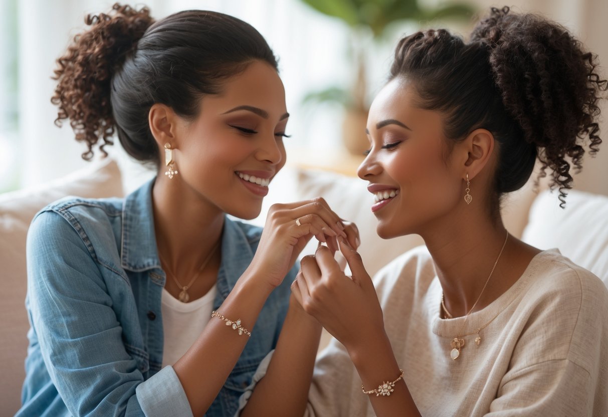 Two women smiling warmly at each other as one shows a delicate piece of jewelry to the other, sharing a close and joyful moment.