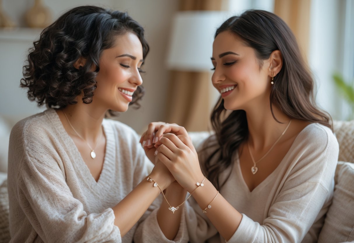 Two women sharing a warm moment as one gives the other a piece of sentimental jewelry indoors.