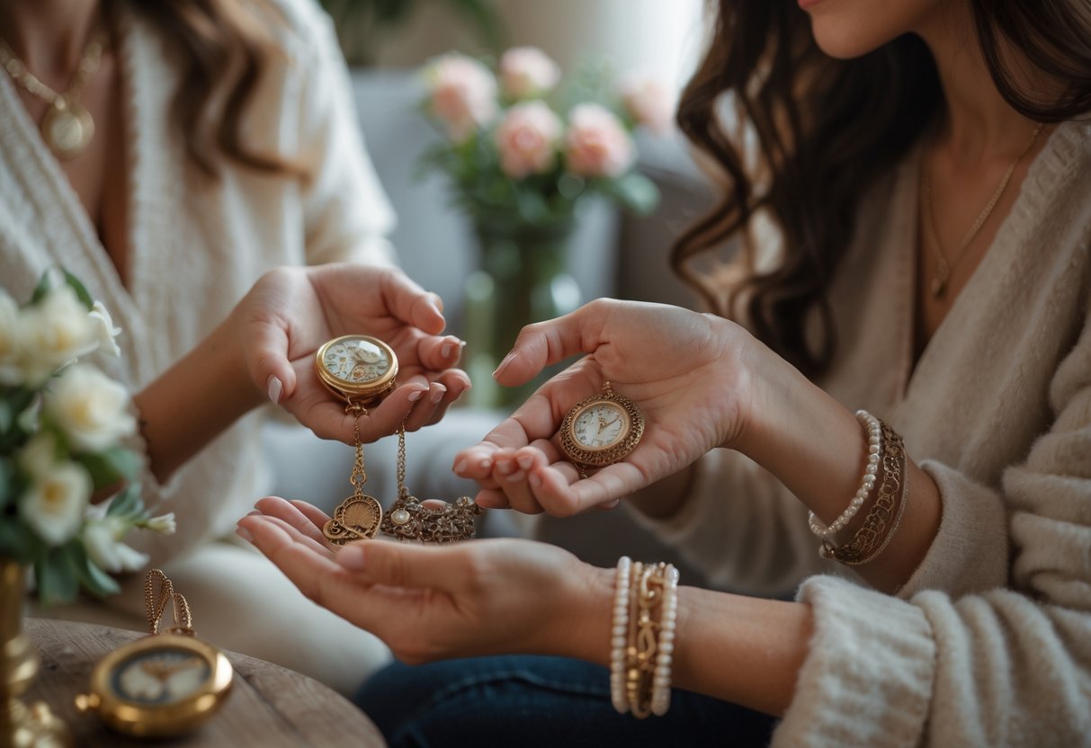 Two women exchanging vintage jewelry in a warm, cozy room, sharing a meaningful moment.