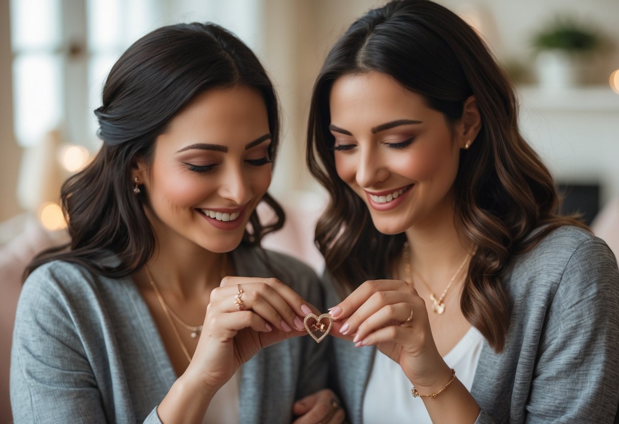 Two women exchanging a custom piece of jewelry, smiling warmly at each other in a cozy indoor setting.