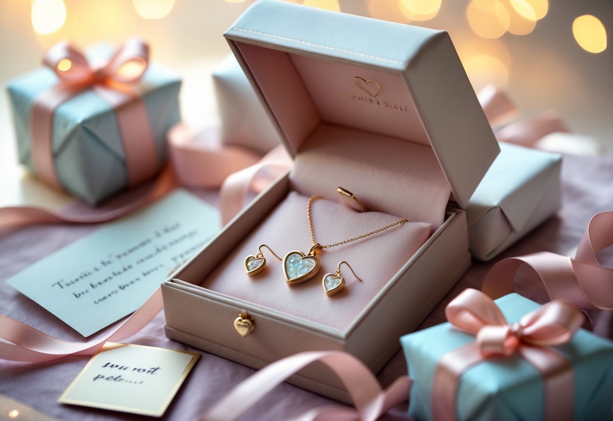 An open jewelry box displaying a heart-shaped pendant necklace and earrings surrounded by pastel gift wrapping and a handwritten note on a softly lit surface.