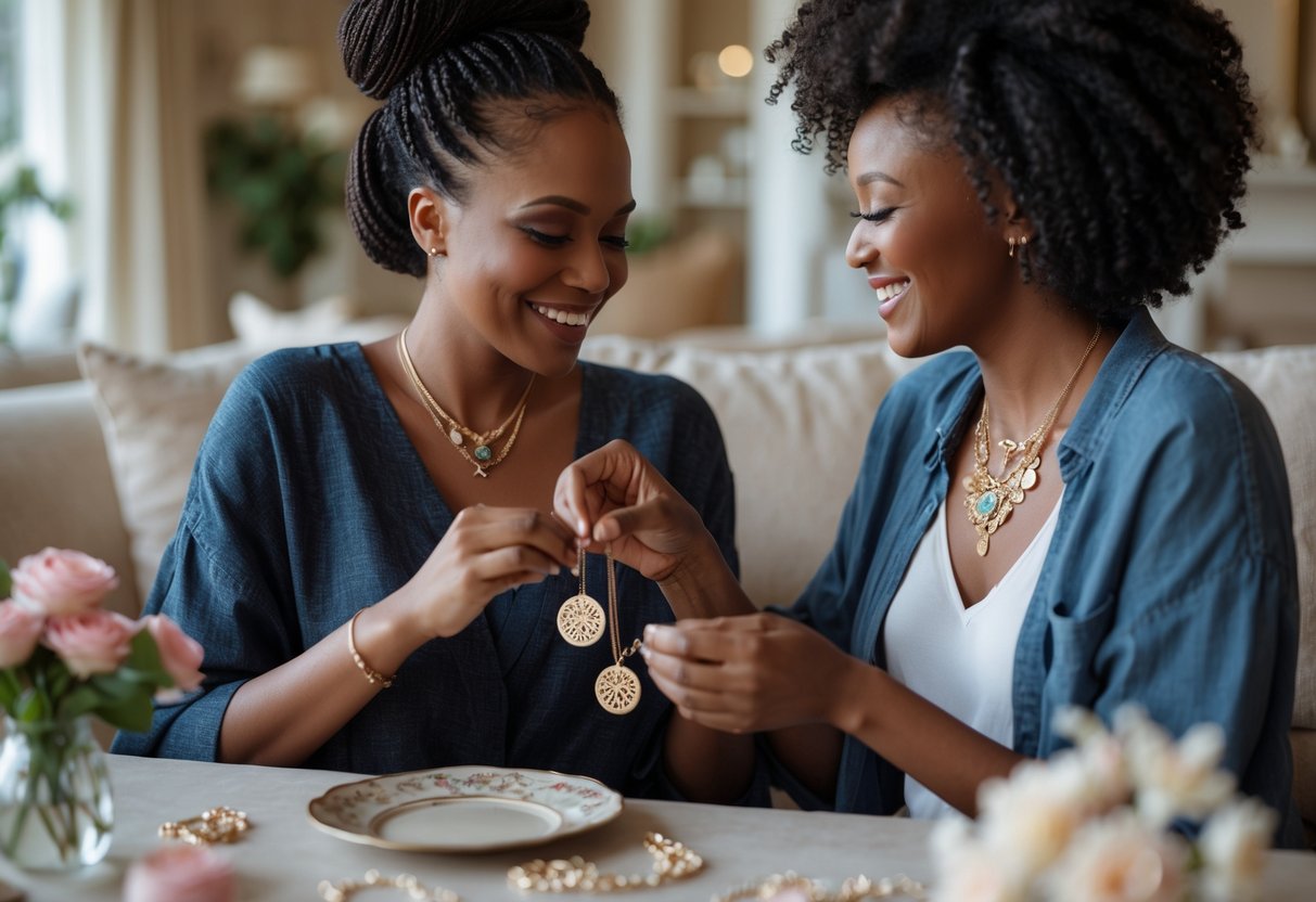 Two women sharing a heartfelt moment as one gives the other a necklace in a cozy living room.