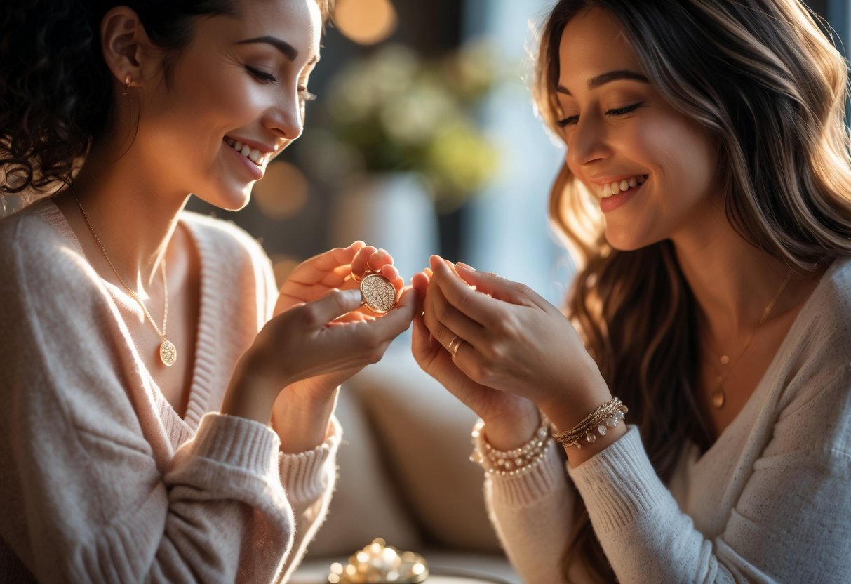 Two women exchanging sentimental jewelry gifts and smiling warmly at each other in a cozy setting.