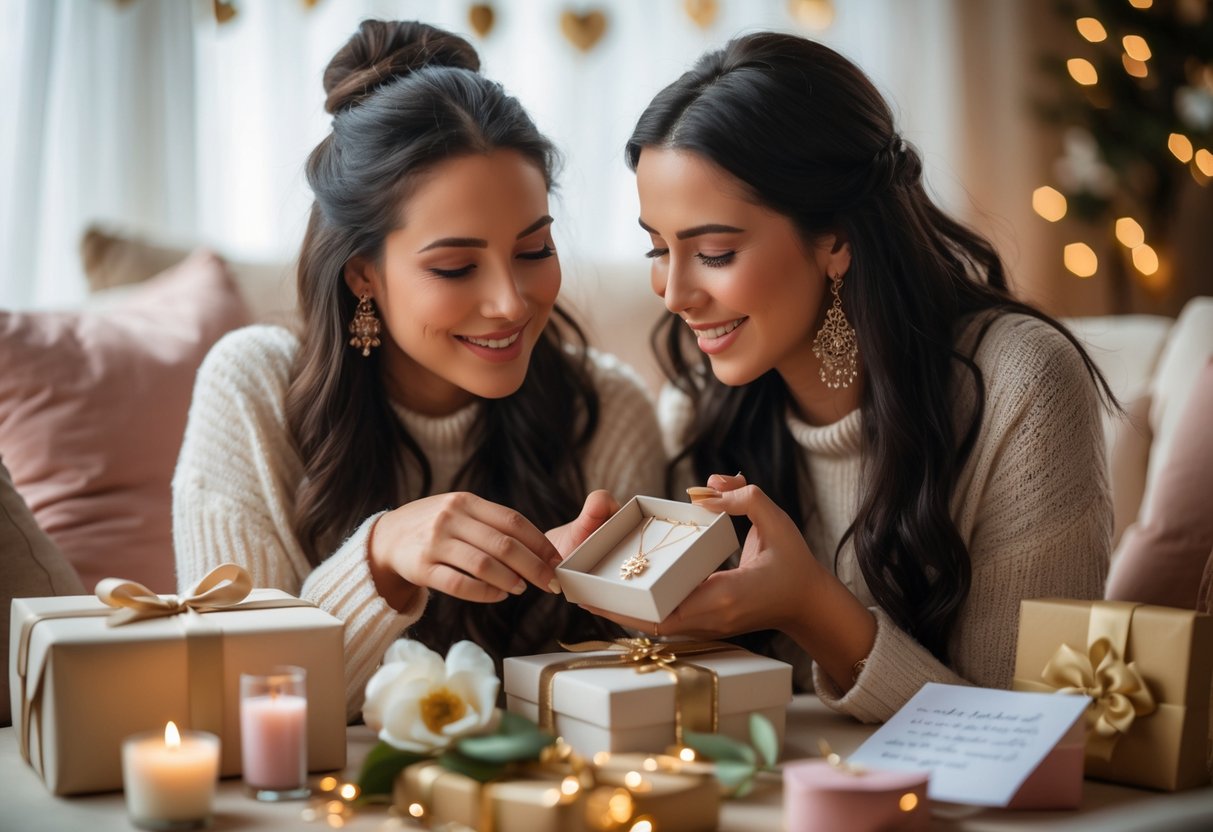 Two women sharing a heartfelt moment as one gives the other a jewelry gift in a cozy setting with soft lighting and meaningful presents around them.