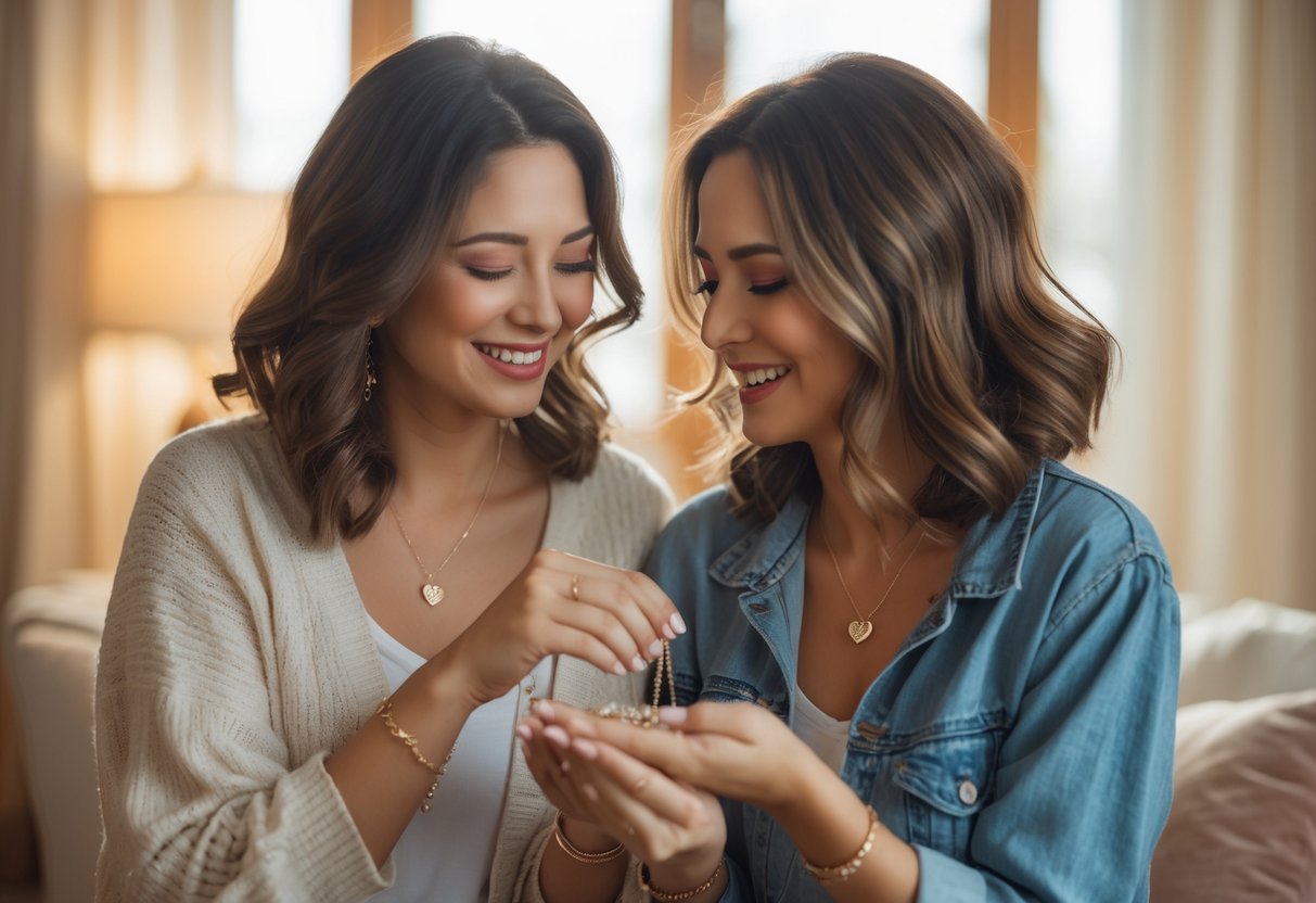 Two women exchanging jewelry gifts and sharing a warm, joyful moment together.